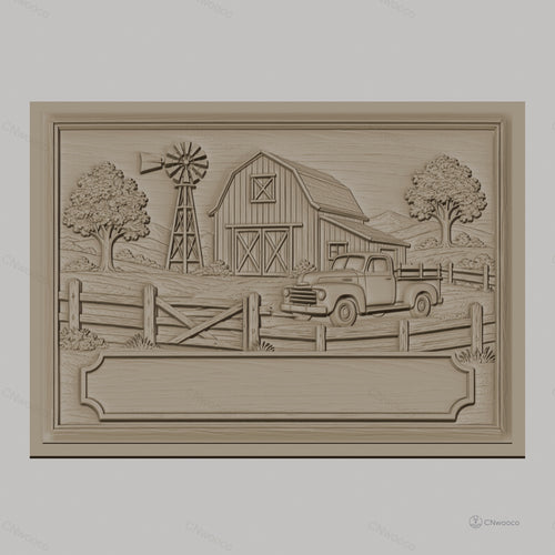 Fichier CNC & impression 3D paysage de ferme avec grange, vieux camion et moulin à vent, haute qualité relief STL