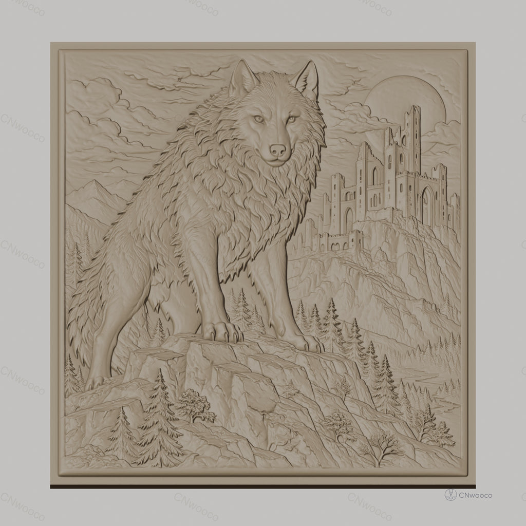 Fichier CNC & impression 3D loup debout sur rocher avec château médiéval, haute qualité relief STL