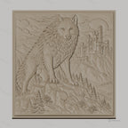 Fichier CNC & impression 3D loup debout sur rocher avec château médiéval, haute qualité relief STL