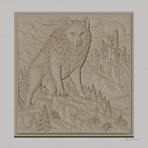Fichier CNC & impression 3D loup debout sur rocher avec château médiéval, haute qualité relief STL