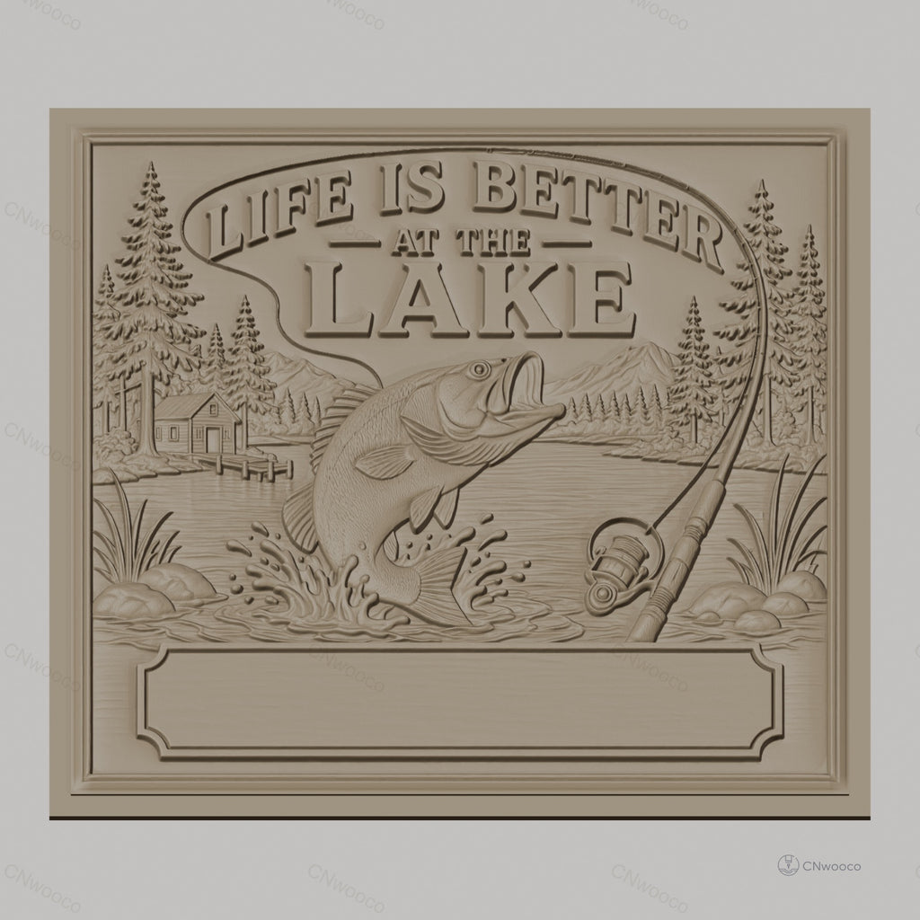 Fichier CNC & impression 3D thème lac pêche poisson canne à pêche, maison et nature, haute qualité relief STL