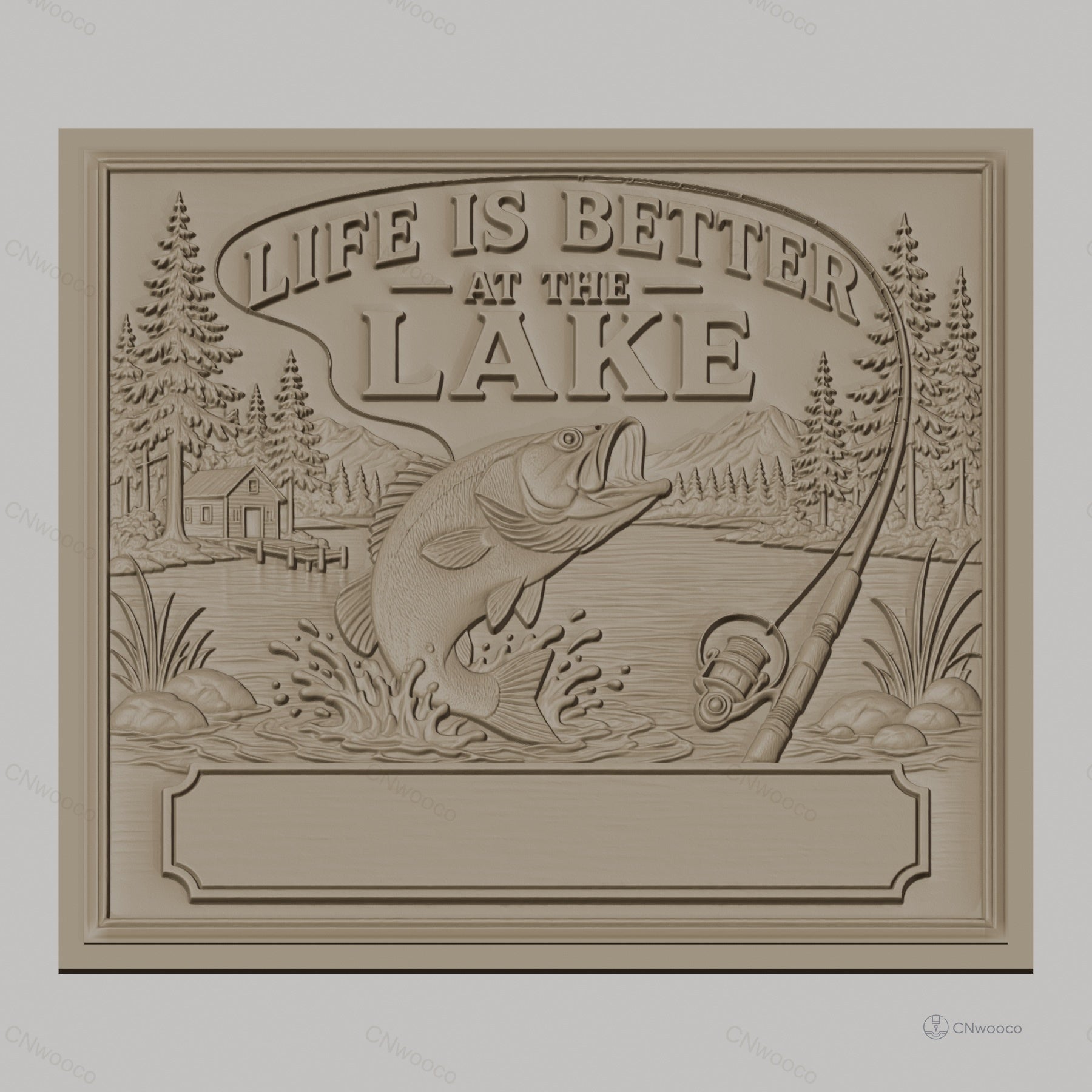 Fichier CNC & impression 3D thème lac pêche poisson canne à pêche, maison et nature, haute qualité relief STL