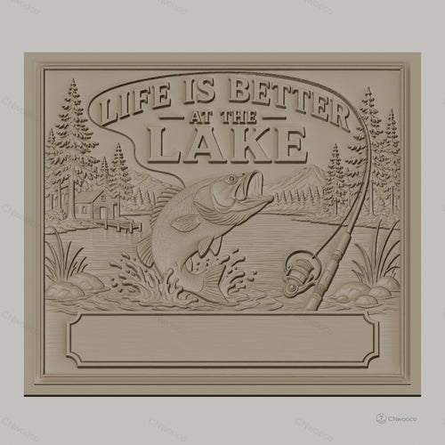 Fichier CNC & impression 3D thème lac pêche poisson canne à pêche, maison et nature, haute qualité relief STL