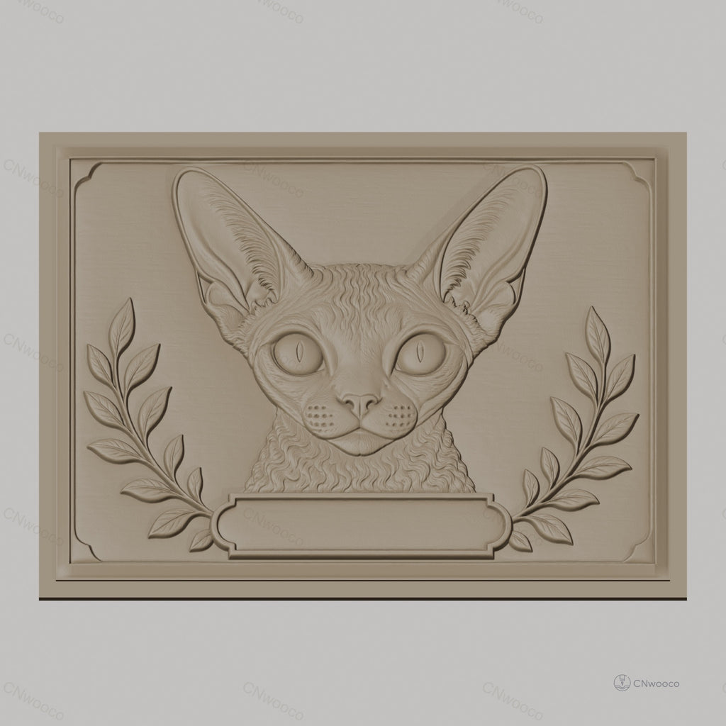 Fichier CNC & impression 3D chat Sphynx, relief animalier décor avec feuilles, haute qualité relief STL