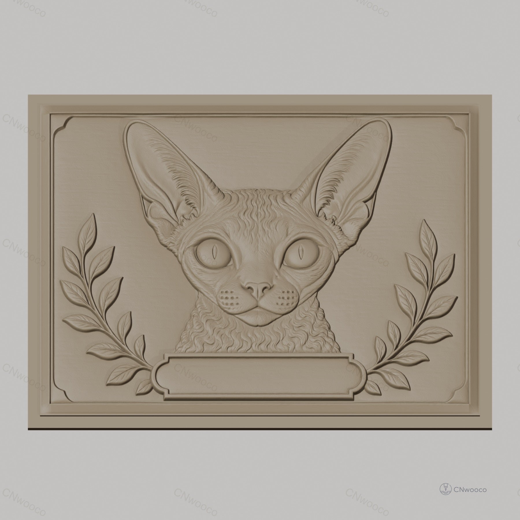 Fichier CNC & impression 3D chat Sphynx, relief animalier décor avec feuilles, haute qualité relief STL