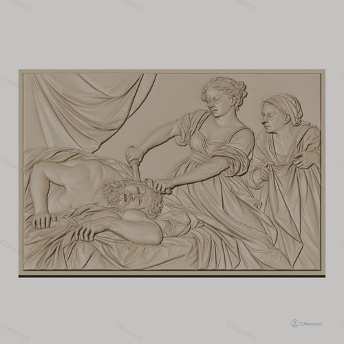 Fichier CNC & impression 3D scène biblique Judith décapite Holopherne, drapés et émotions, haute qualité relief STL
