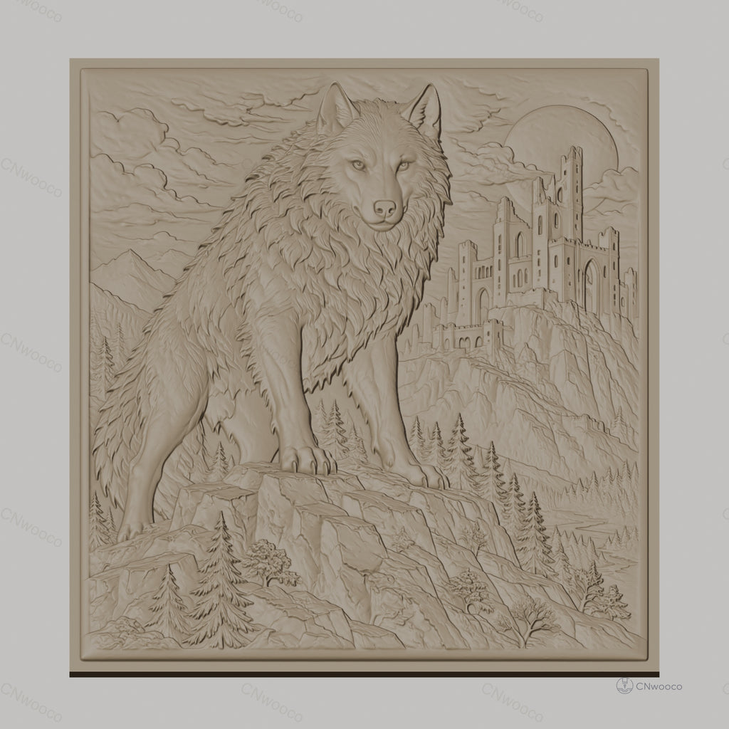 Fichier CNC & impression 3D loup sur rocher, château médiéval, forêt et montagne, haute qualité relief STL