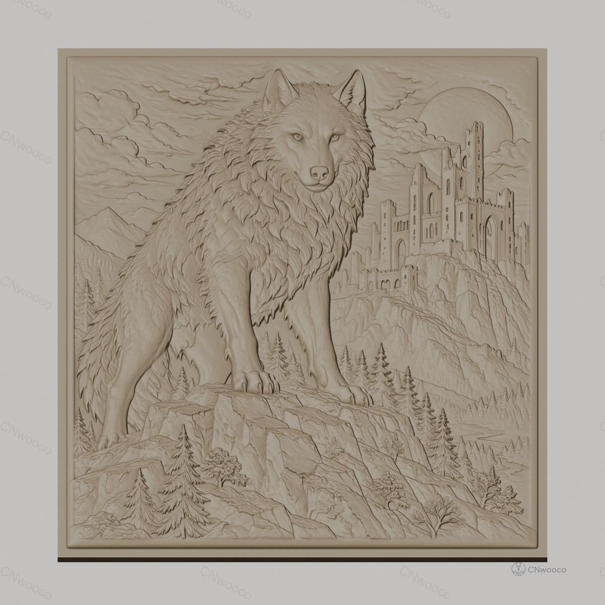Fichier CNC & impression 3D loup sur rocher, château médiéval, forêt et montagne, haute qualité relief STL