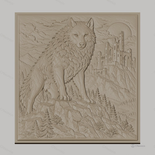Fichier CNC & impression 3D loup sur rocher, château médiéval, forêt et montagne, haute qualité relief STL