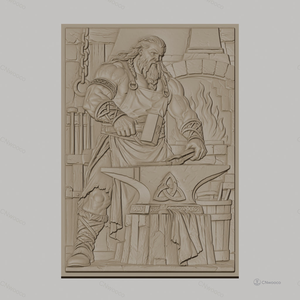 Fichier CNC & impression 3D forgeron viking avec enclume et feu, haute qualité relief STL