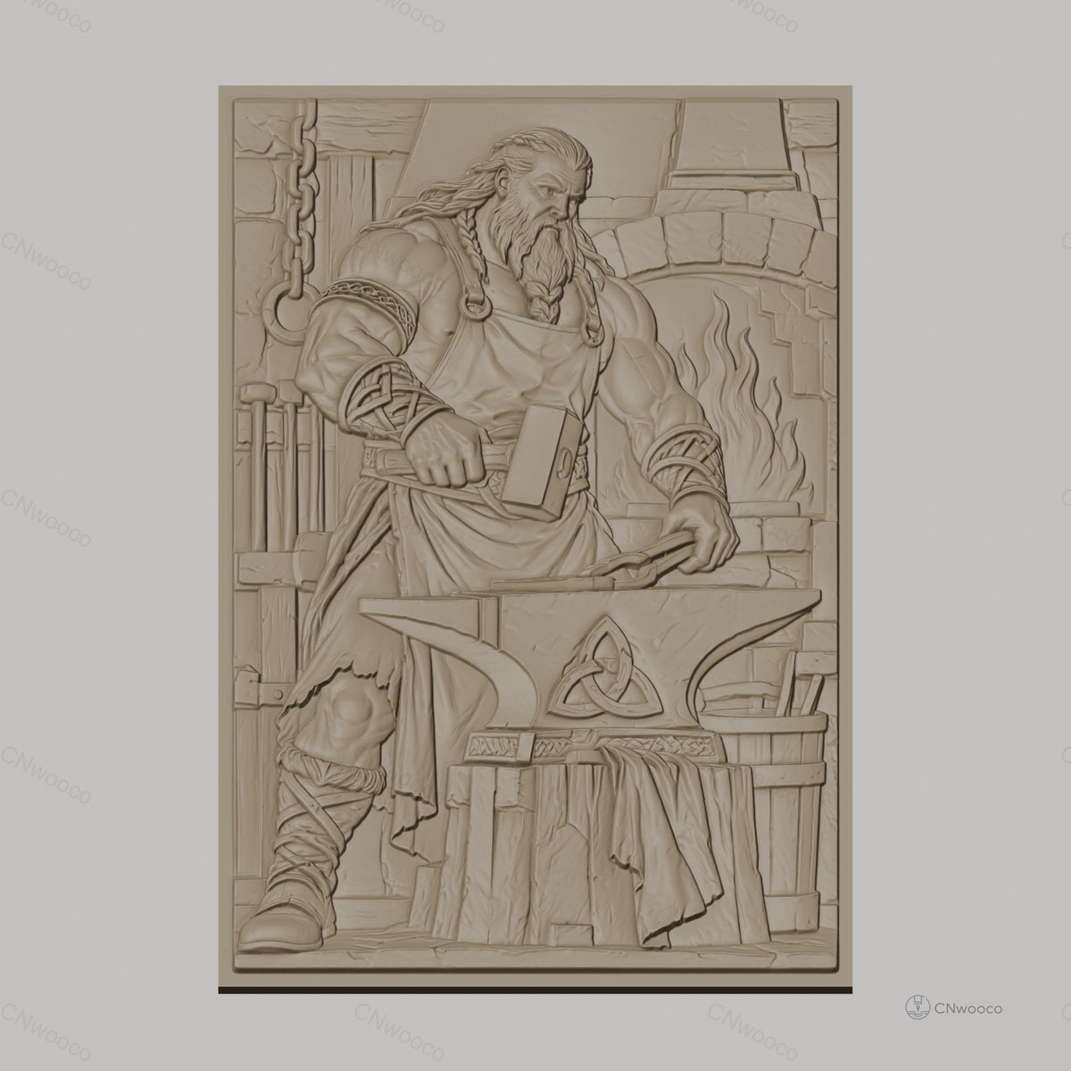 Fichier CNC & impression 3D forgeron viking avec enclume et feu, haute qualité relief STL