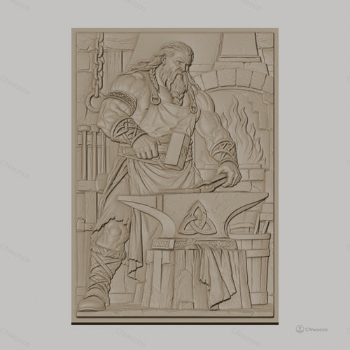 Fichier CNC & impression 3D forgeron viking avec enclume et feu, haute qualité relief STL