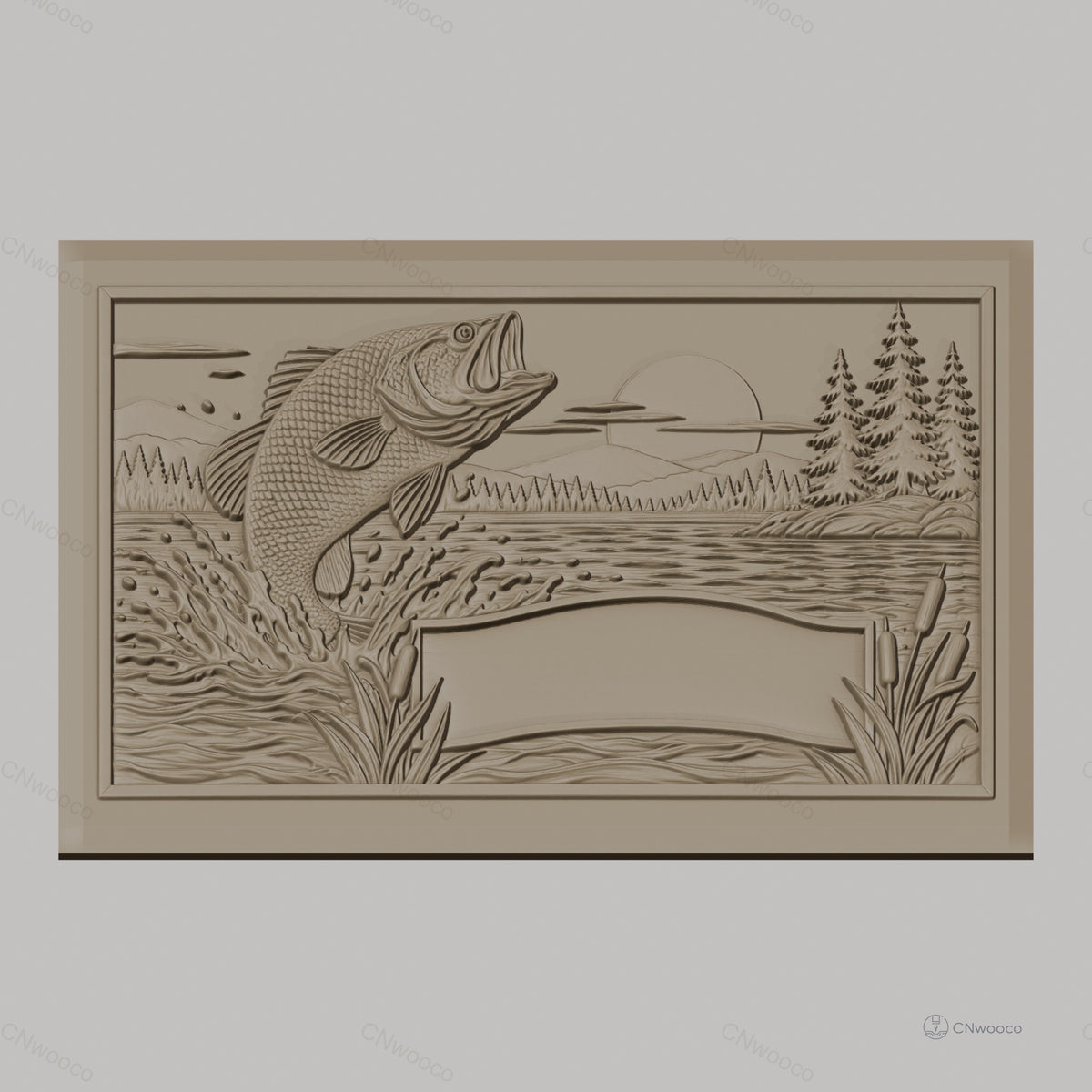 Fichier CNC & impression 3D poisson sautant dans un lac, paysage avec arbres et roseaux, haute qualité relief STL