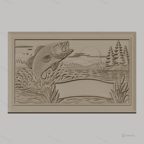 Fichier CNC & impression 3D poisson sautant dans un lac, paysage avec arbres et roseaux, haute qualité relief STL