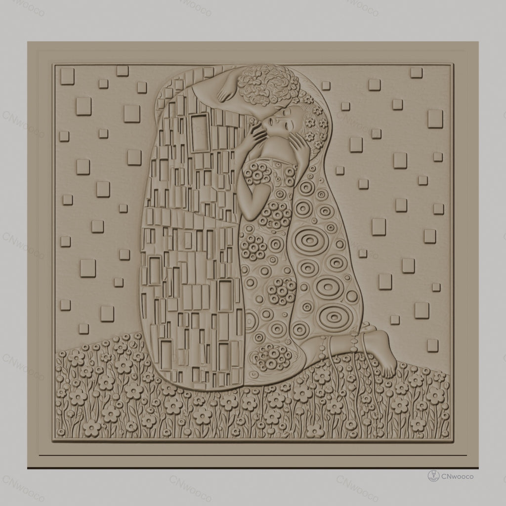 Fichier CNC & impression 3D Le Baiser de Klimt, couple enlacé, motifs floraux et géométriques haute qualité relief STL