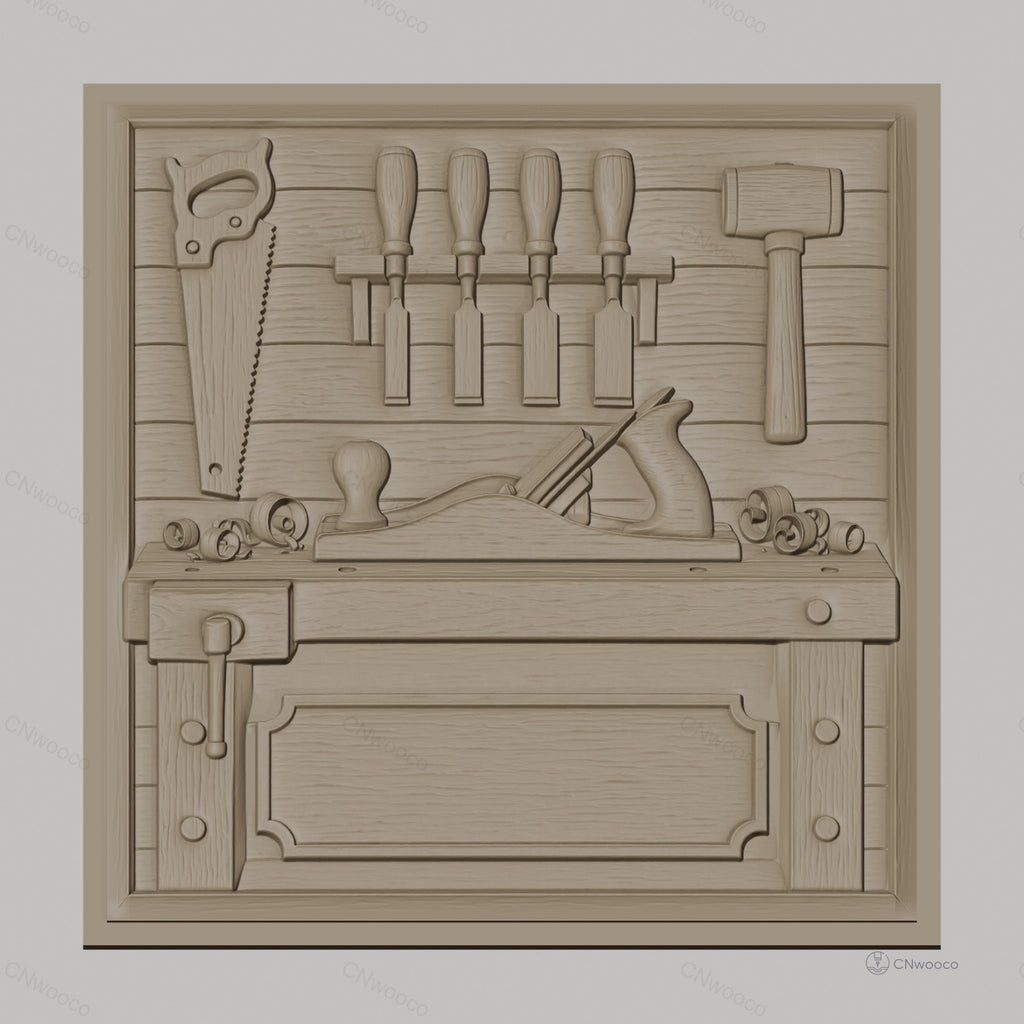 Fichier CNC & impression 3D atelier de menuiserie, établi, rabot, marteau, ciseaux à bois, scie, haute qualité relief STL