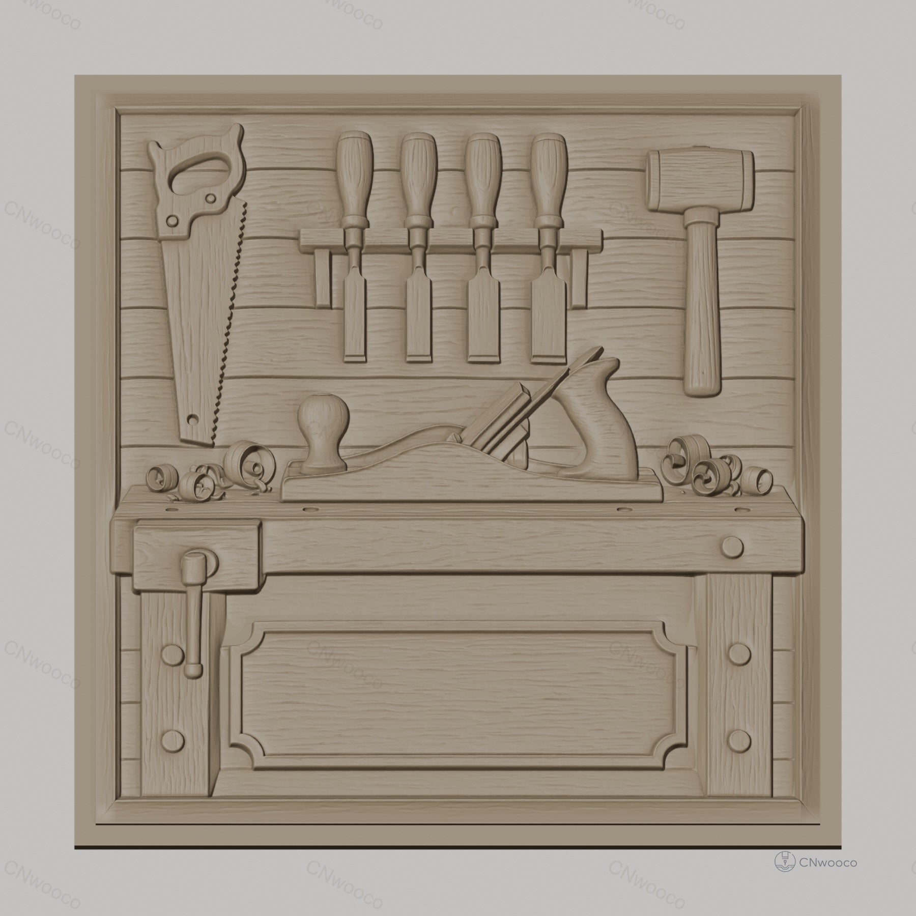 Fichier CNC & impression 3D atelier de menuiserie, établi, rabot, marteau, ciseaux à bois, scie, haute qualité relief STL