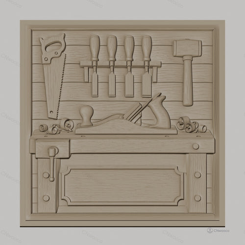 Fichier CNC & impression 3D atelier de menuiserie, établi, rabot, marteau, ciseaux à bois, scie, haute qualité relief STL