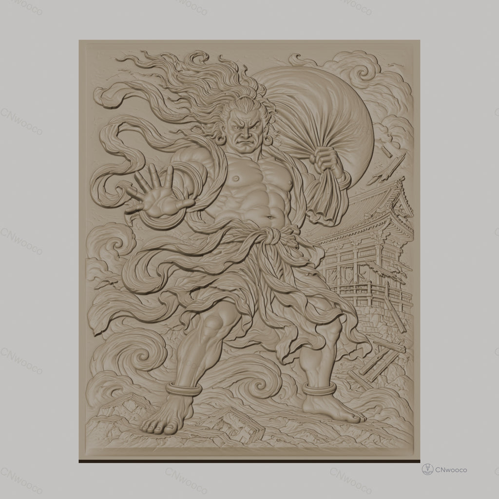 Fichier CNC & impression 3D guerrier japonais, temple traditionnel, nuages tourbillonnants, haute qualité relief STL