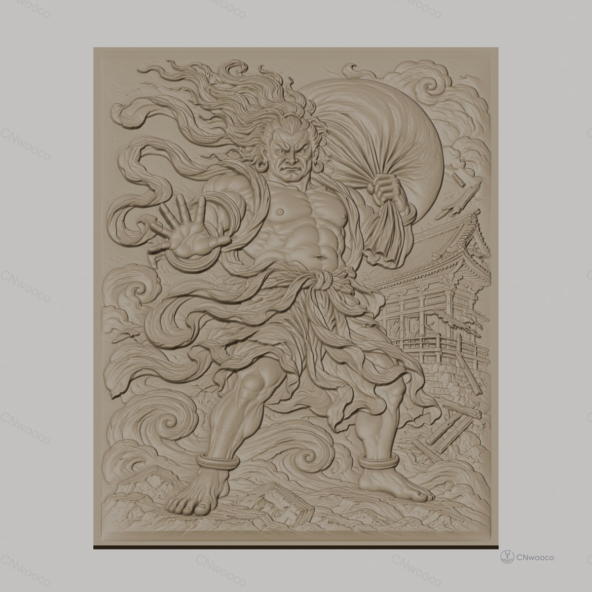 Fichier CNC & impression 3D guerrier japonais, temple traditionnel, nuages tourbillonnants, haute qualité relief STL