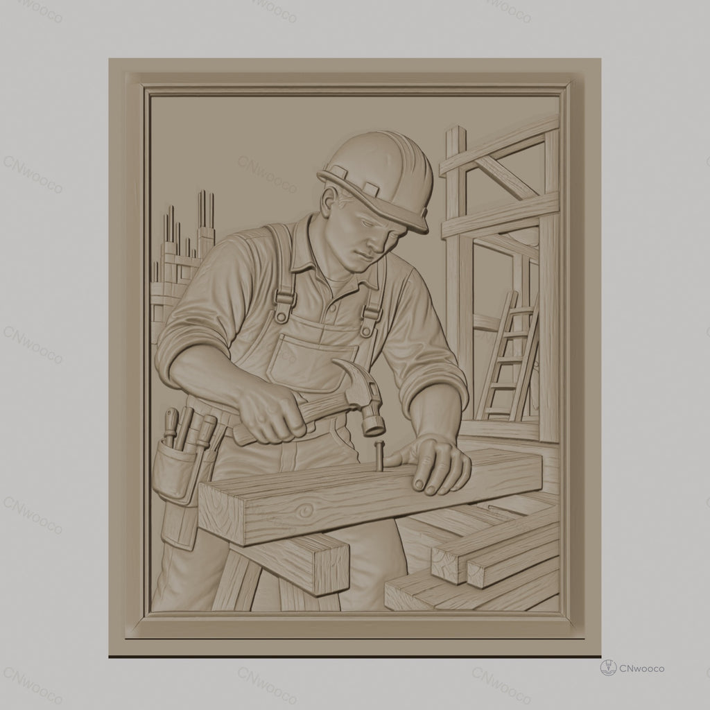 Fichier CNC & impression 3D charpentier au travail, marteau et bois, haute qualité relief STL