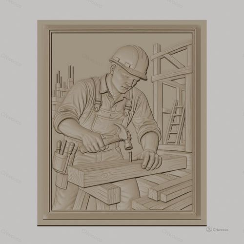Fichier CNC & impression 3D charpentier au travail, marteau et bois, haute qualité relief STL