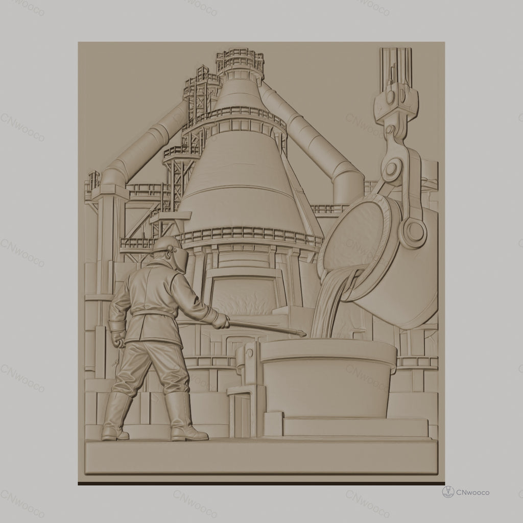 Fichier CNC & impression 3D industrie sidérurgique, ouvrier et haut fourneau, haute qualité relief STL