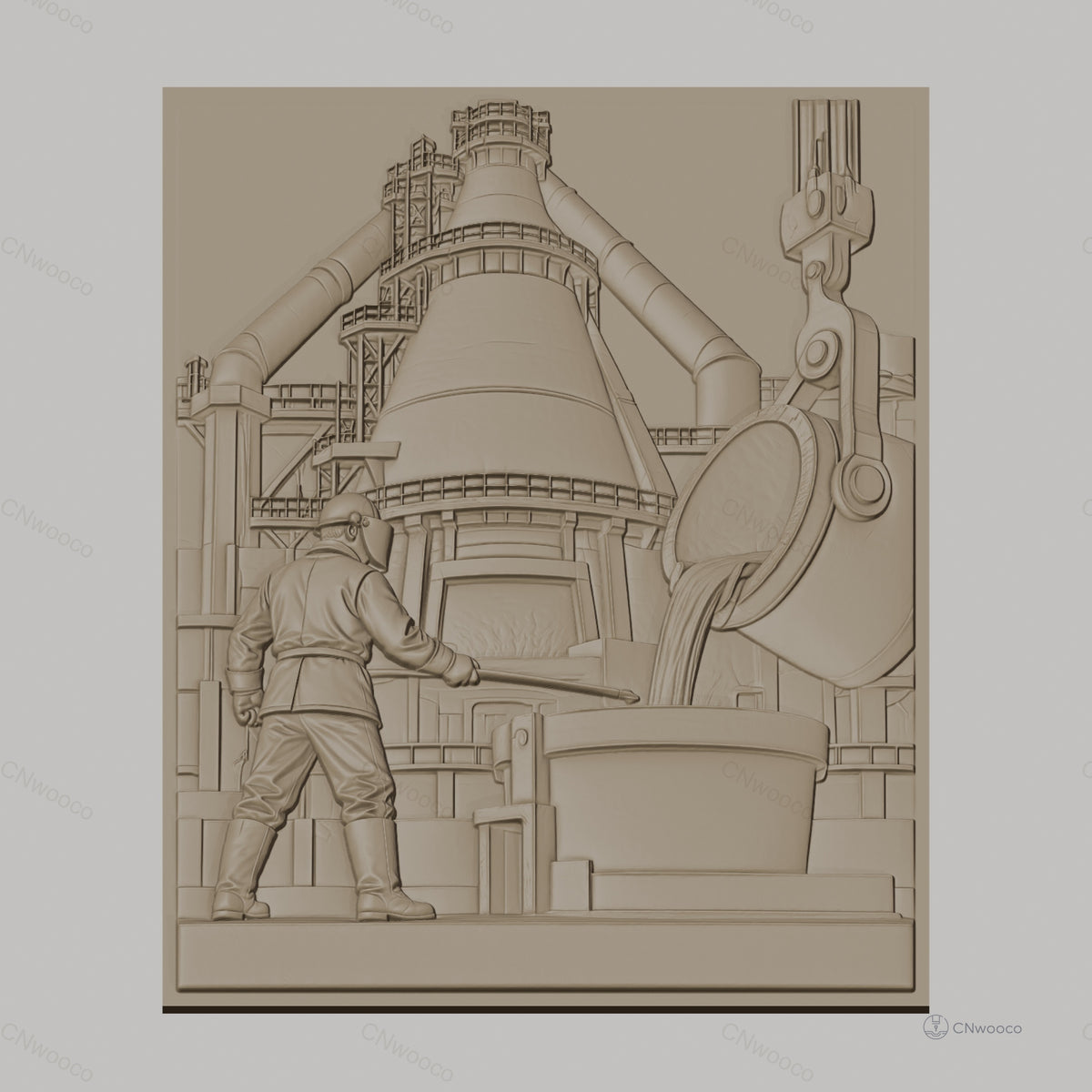 Fichier CNC & impression 3D industrie sidérurgique, ouvrier et haut fourneau, haute qualité relief STL