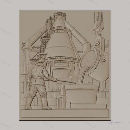 Fichier CNC & impression 3D industrie sidérurgique, ouvrier et haut fourneau, haute qualité relief STL