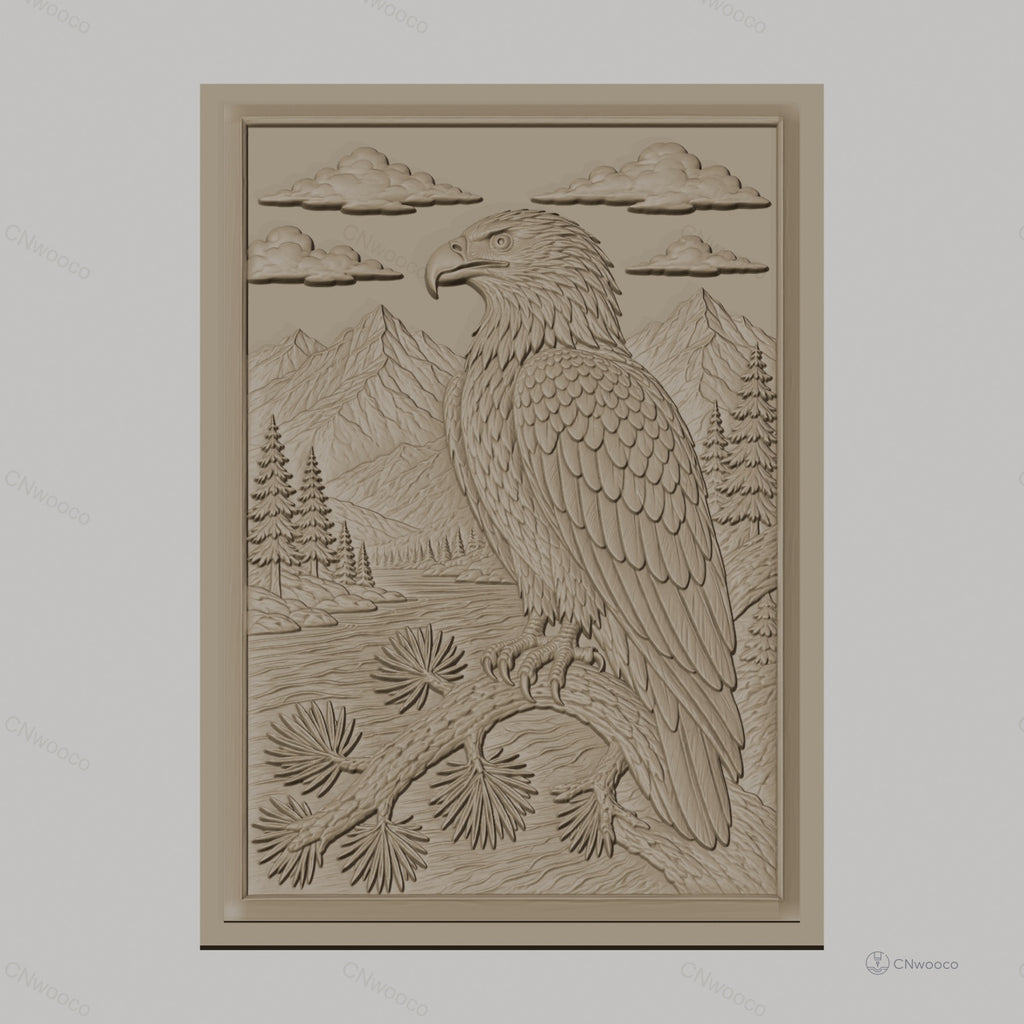 Fichier CNC & impression 3D aigle et paysage montagneux, forêt et rivière, haute qualité relief STL