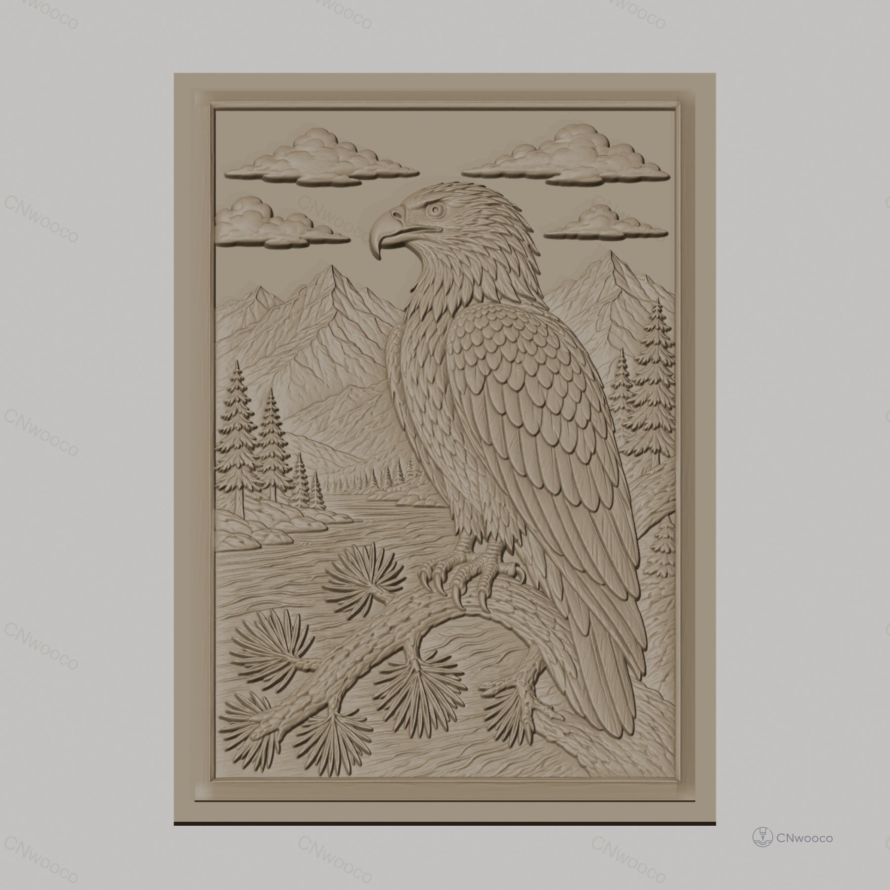 Fichier CNC & impression 3D aigle et paysage montagneux, forêt et rivière, haute qualité relief STL