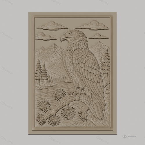 Fichier CNC & impression 3D aigle et paysage montagneux, forêt et rivière, haute qualité relief STL