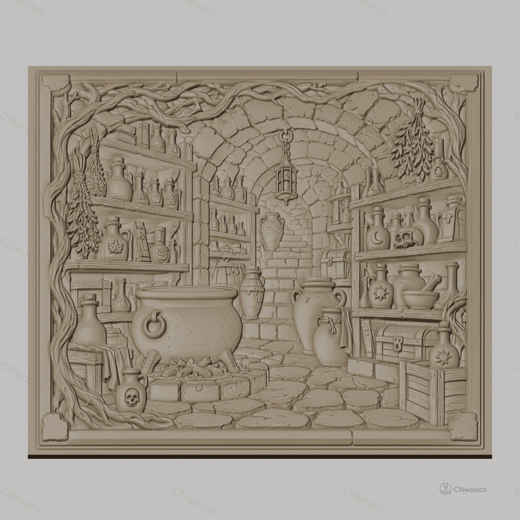 Fichier CNC & impression 3D laboratoire d'alchimie, chaudron, flacons, crâne, coffre, haute qualité relief STL