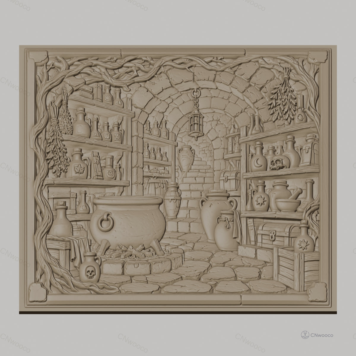Fichier CNC & impression 3D laboratoire d'alchimie, chaudron, flacons, crâne, coffre, haute qualité relief STL
