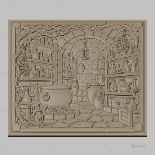 Fichier CNC & impression 3D laboratoire d'alchimie, chaudron, flacons, crâne, coffre, haute qualité relief STL