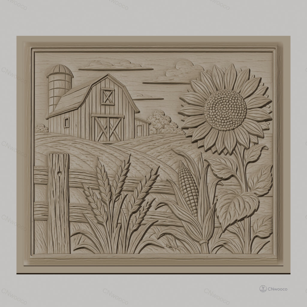 Fichier CNC & impression 3D ferme rustique, grange tournesol maïs et blé, haute qualité relief STL