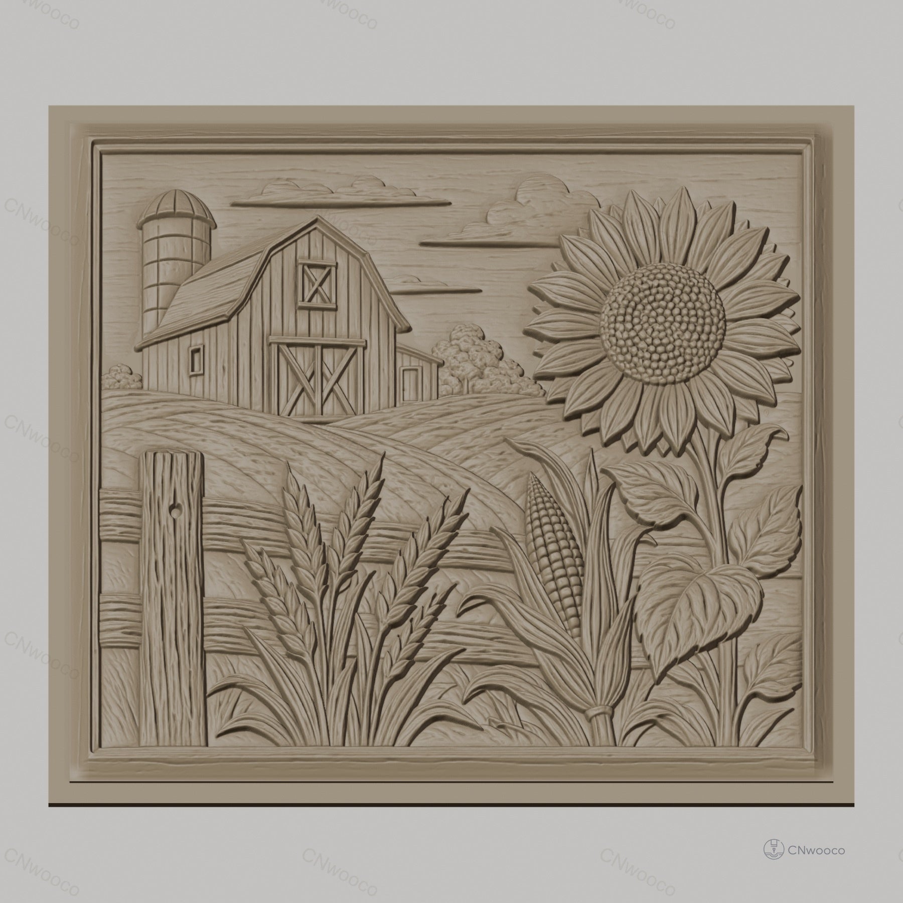Fichier CNC & impression 3D ferme rustique, grange tournesol maïs et blé, haute qualité relief STL
