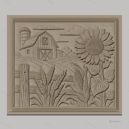 Fichier CNC & impression 3D ferme rustique, grange tournesol maïs et blé, haute qualité relief STL