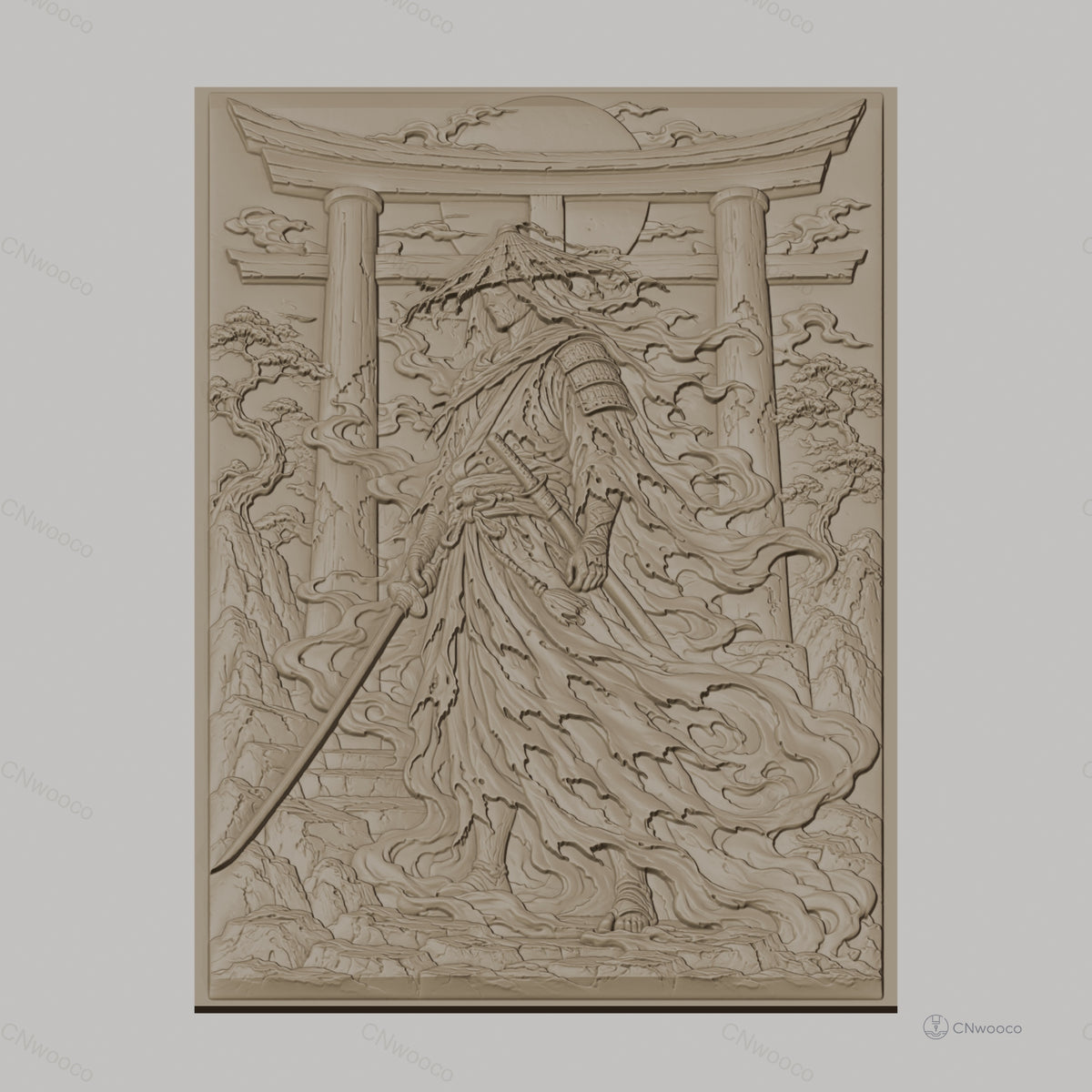 Fichier CNC & impression 3D Samouraï avec katana et torii, paysage japonais, haute qualité relief STL