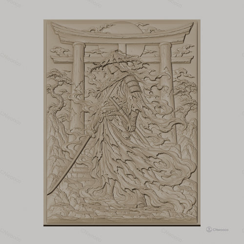 Fichier CNC & impression 3D Samouraï avec katana et torii, paysage japonais, haute qualité relief STL