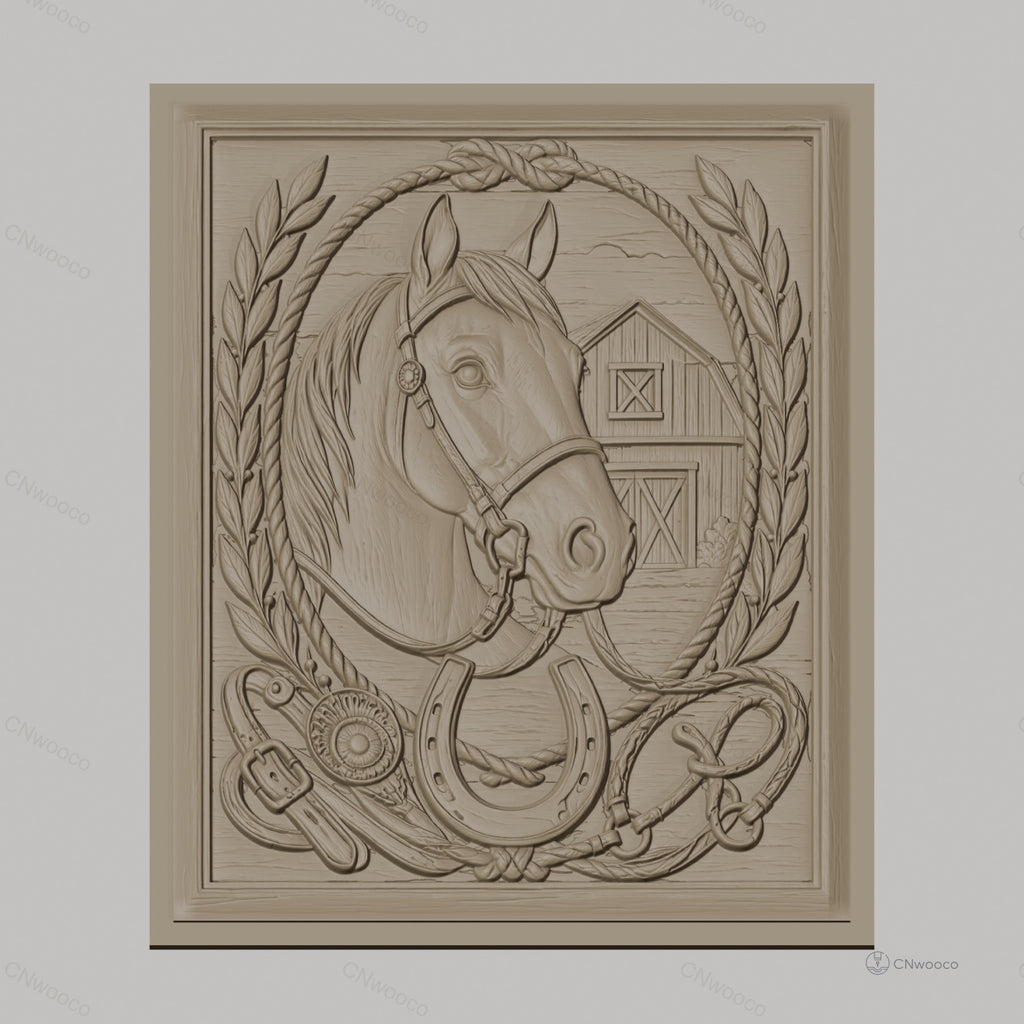 Fichier CNC & impression 3D cheval, fer à cheval, écurie, relief style western haute qualité relief STL