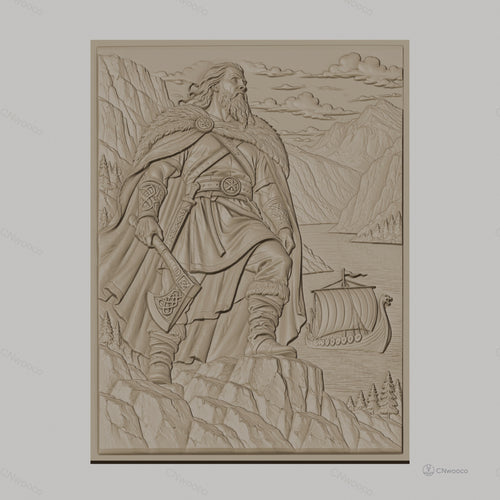 Fichier CNC & impression 3D Viking guerrier avec hache, drakkar et paysage montagneux, haute qualité relief STL