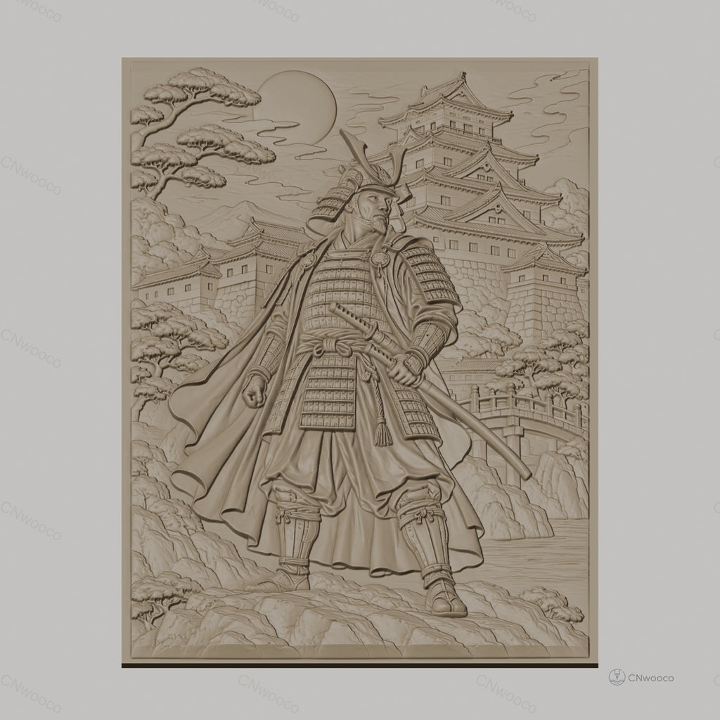 Fichier CNC & impression 3D samouraï japonais, château traditionnel, paysage montagneux, haute qualité relief STL