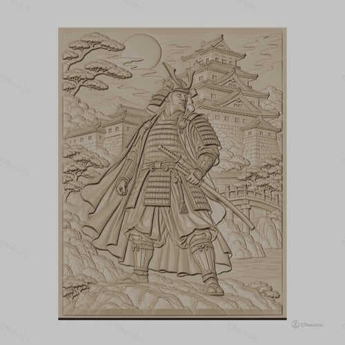 Fichier CNC & impression 3D samouraï japonais, château traditionnel, paysage montagneux, haute qualité relief STL