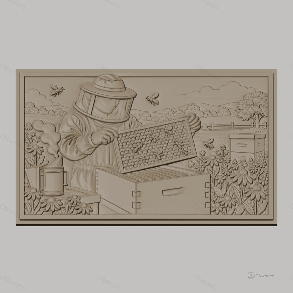 Fichier CNC & impression 3D apiculteur avec ruche, abeilles et fleurs, haute qualité relief STL