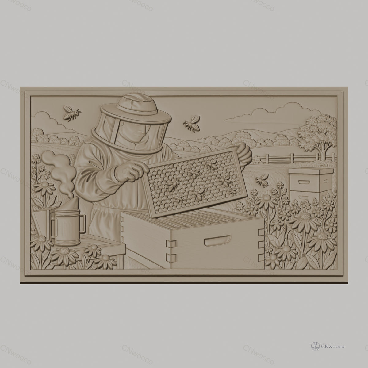 Fichier CNC & impression 3D apiculteur avec ruche, abeilles et fleurs, haute qualité relief STL