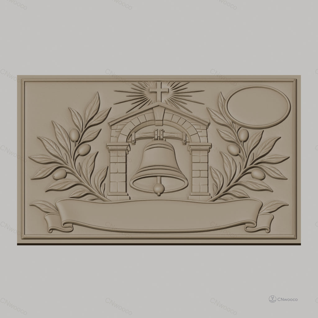 Fichier CNC & impression 3D cloche religieuse, branche d'olivier, bannière et croix, haute qualité relief STL
