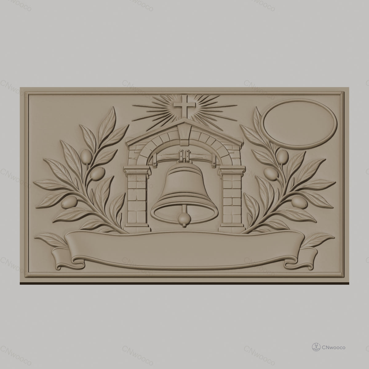 Fichier CNC & impression 3D cloche religieuse, branche d'olivier, bannière et croix, haute qualité relief STL