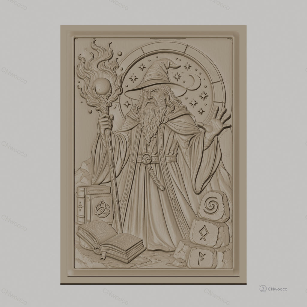 Fichier CNC & impression 3D magicien, bâton magique, livres anciens, symboles mystiques, haute qualité relief STL