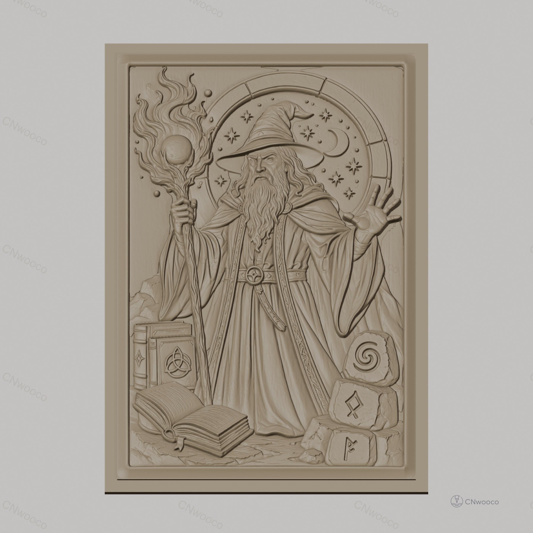 Fichier CNC & impression 3D magicien, bâton magique, livres anciens, symboles mystiques, haute qualité relief STL
